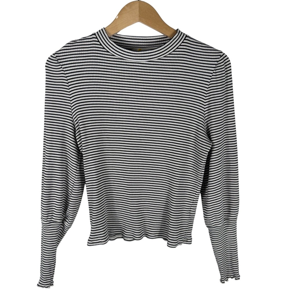 Boden Striped Ribbed Mock Neck Puff Sleeve Top Womens 12 Black White